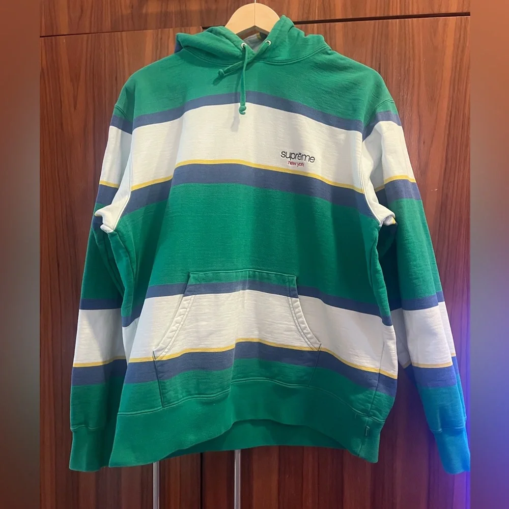 Supreme Green, White & Navy Striped Hooded Sweatshirt - Picture 9 of 10